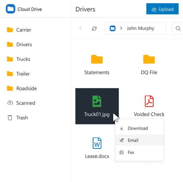 Cloud Drive software showing complete trucking file management solution with folders for carrier, driver, truck, trailer and roadside documents, all safely stored in the cloud and accessible from anywere. Image shows ability to right-click on any file to download, e-mail or fax it.