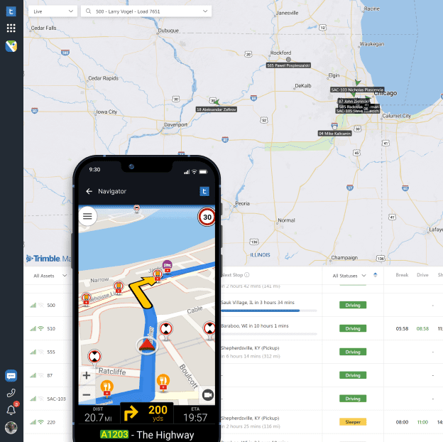 Dispatch System for trucking showing a map with truck markers with a table below showing dynamic ETAs, remaining HOS and current location. Overlaid with a phone showing inegrated CoPilot for turn-by-turn navigation for drivers.