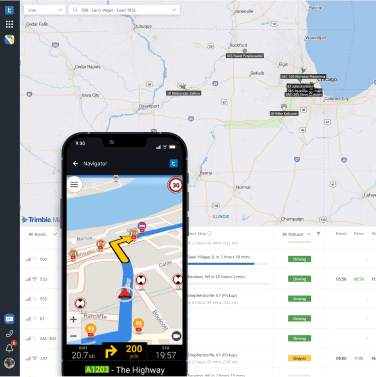 Dispatch System for trucking showing a map with truck markers with a table below showing dynamic ETAs, remaining HOS and current location. Overlaid with a phone showing inegrated CoPilot for turn-by-turn navigation for drivers.