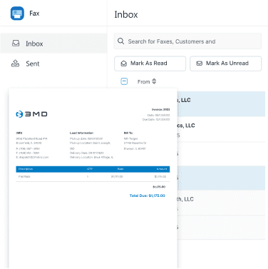 Cloud fax showing inbox and sent folders overlaid with a received fax in PDF.