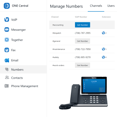 ONE Central business phone system's screenshot showing ability to purchase phone numbers and assign extensions. Overlaid with an IP phone to show ONE Central comprehensive offering.