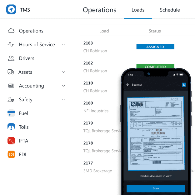 Transportation Management System (TMS) software showing Operations/> Loads page with a list of loads and their statues overlaid with a phone showing POD scanning ability.