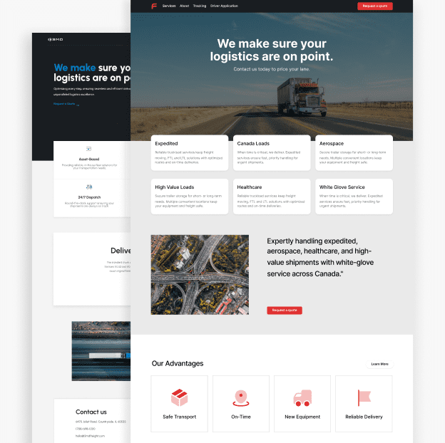 Image shows two different templates for a trucking website that Trucking Hub's website application automatically builds for user.