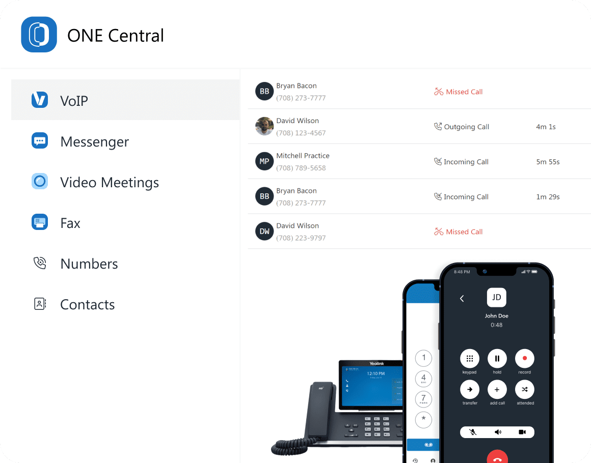 ONE Central screenshot showing VoIP page with call history, overlaid with IP phone and mobile phone for multi-device support. Menu includes Messenger, Video Meetings, Fax, Numbers, and Contacts.